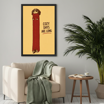 Whimsical cozy dachshund canvas wall art above a cream armchair with a green knitted blanket.