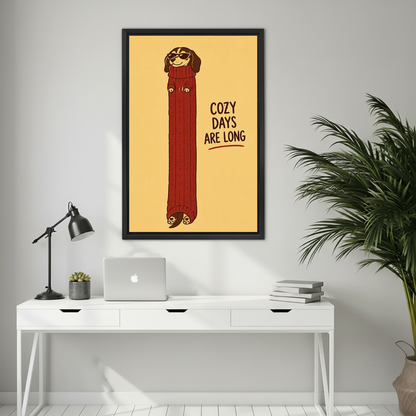 Whimsical cozy dachshund canvas wall art above a white desk with a laptop and black lamp.