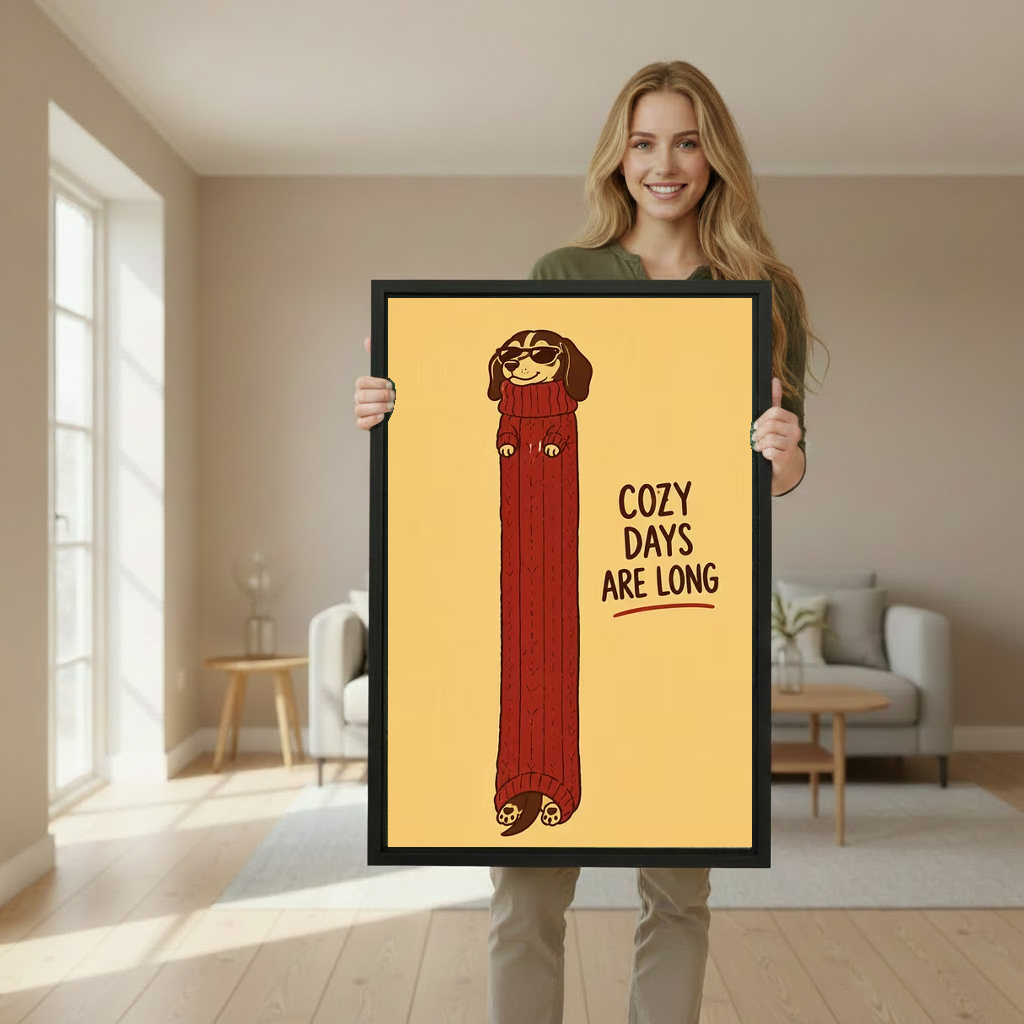 Woman holding framed whimsical cozy dachshund canvas wall art in a softly lit living room.