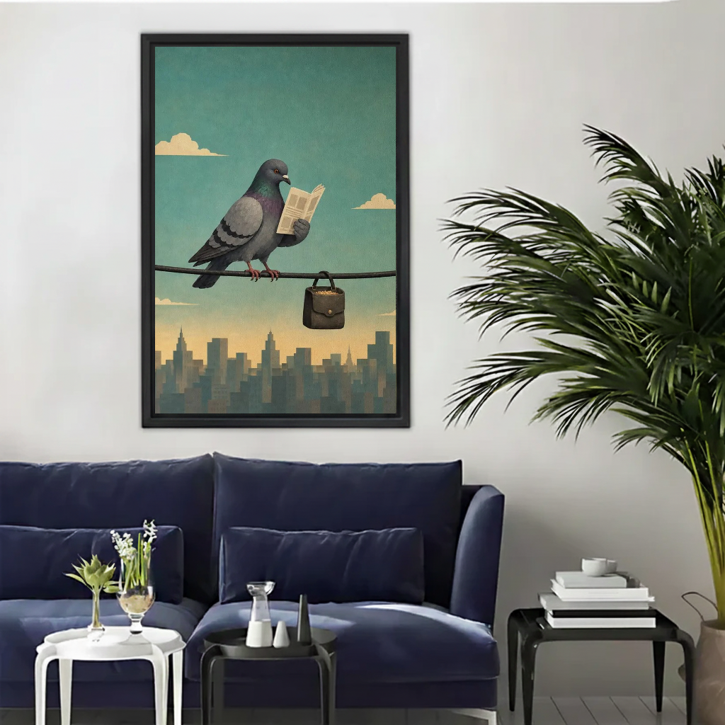 Vintage reading pigeon canvas wall art above a navy sofa beside a tall indoor palm.