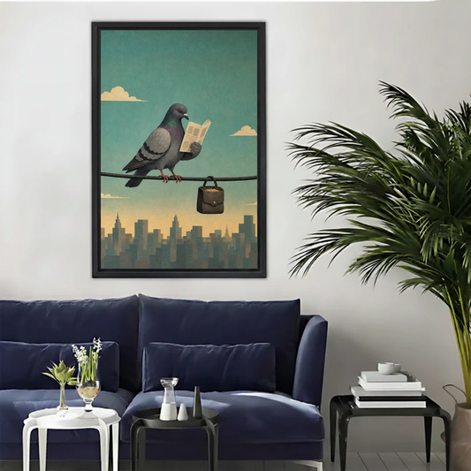 Vintage reading pigeon canvas wall art above a navy sofa beside a tall indoor palm.