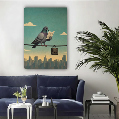 Unframed vintage reading pigeon canvas wall art above a navy sofa in a bright living room.