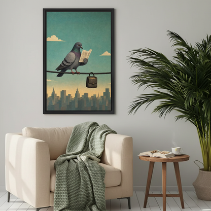 Vintage reading pigeon canvas wall art above a cream armchair with a green knitted blanket.