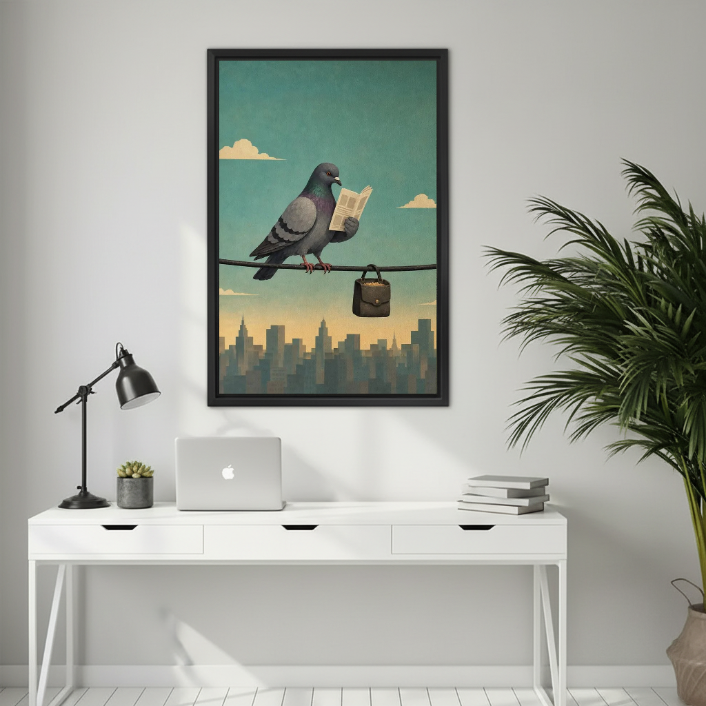 Vintage reading pigeon canvas wall art above a white desk with a laptop and black lamp.