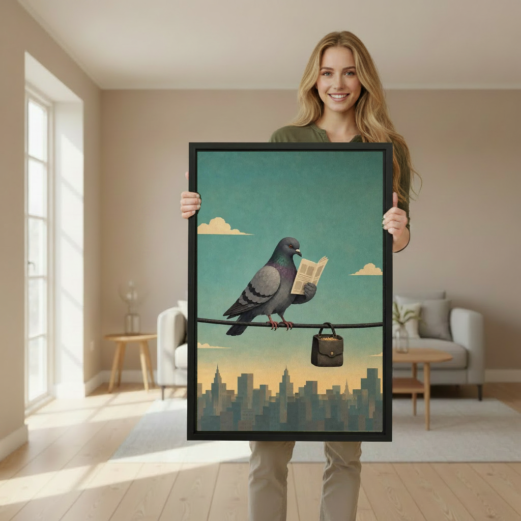 Woman holding framed vintage reading pigeon canvas wall art in a softly lit living room.