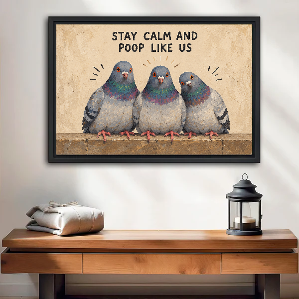 Whimsical pigeon trio canvas wall art above a wooden console beside a lantern and folded blanket.