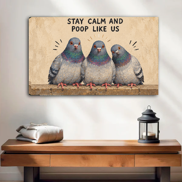 Unframed whimsical pigeon trio canvas wall art above a wooden console in a bright room.