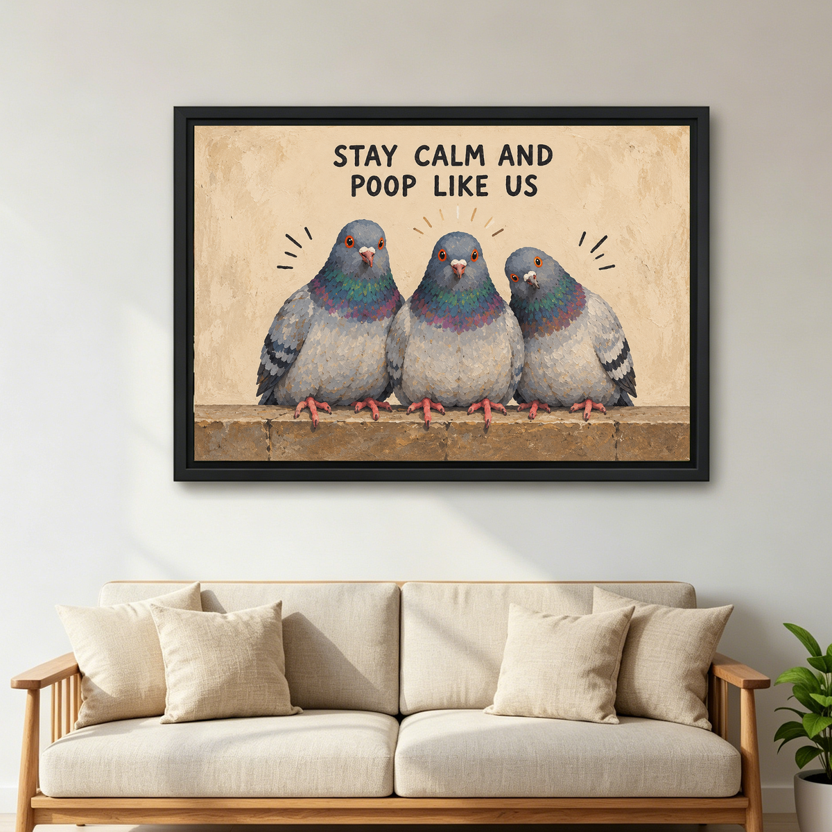 Whimsical pigeon trio canvas wall art above a cream sofa with cushions in a neutral living room.