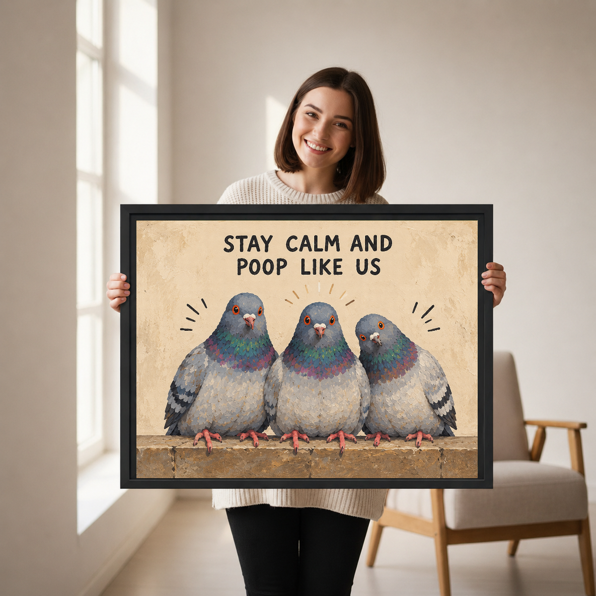 Woman holding framed whimsical pigeon trio canvas wall art in a bright room with an armchair.