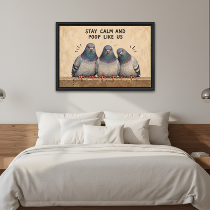 Whimsical pigeon trio canvas wall art above a white bed with a wooden headboard and pillows.