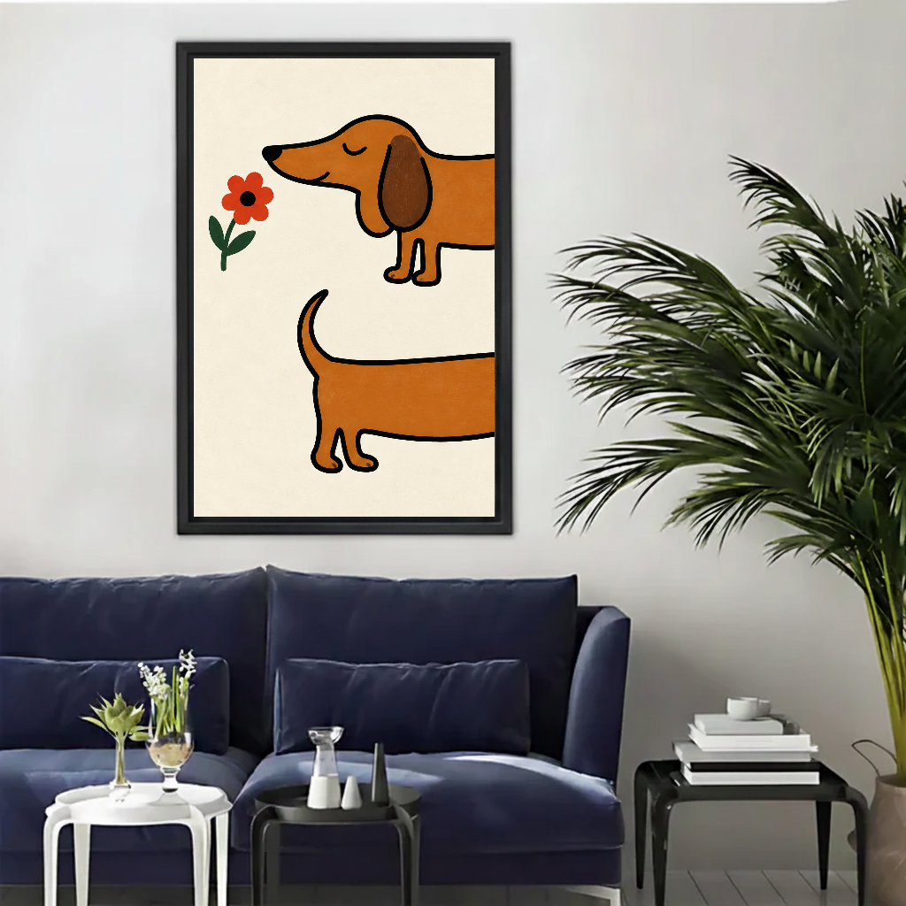 Playful dachshund flower canvas wall art above a navy sofa beside a tall indoor palm.