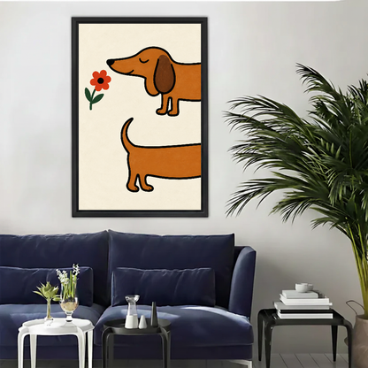 Playful dachshund flower canvas wall art above a navy sofa beside a tall indoor palm.