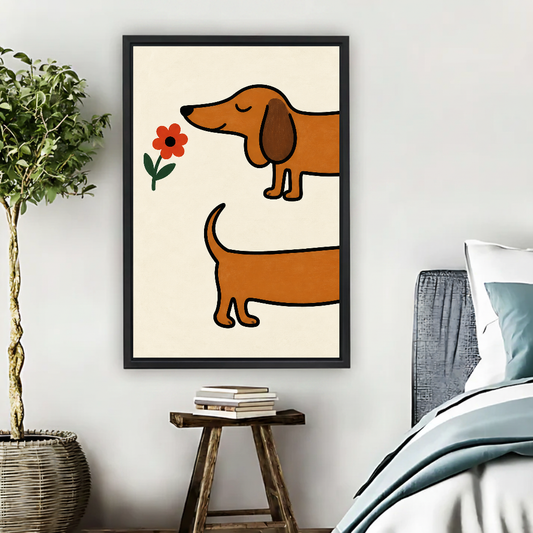 Playful Dachshund Flower Canvas Wall Art L6005 — Framed canvas; bright neutral living space