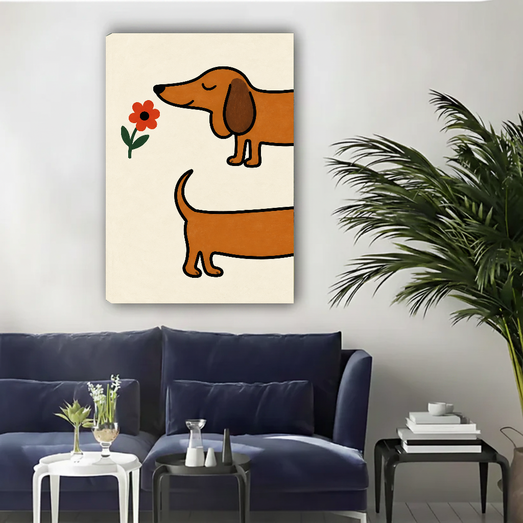 Unframed playful dachshund flower canvas wall art above a navy sofa in a bright living room.
