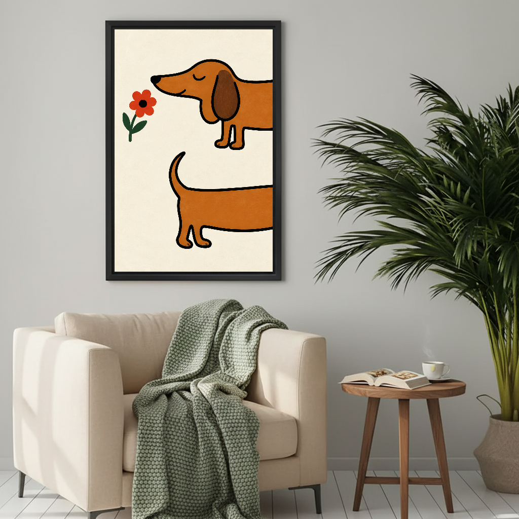 Playful dachshund flower canvas wall art above a cream armchair with a green knitted blanket.