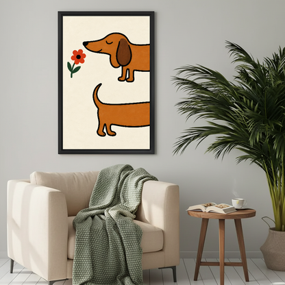 Playful dachshund flower canvas wall art above a cream armchair with a green knitted blanket.