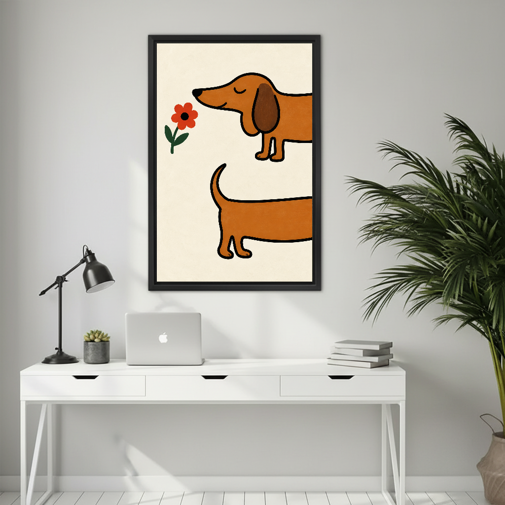 Playful dachshund flower canvas wall art above a white desk with a laptop and black lamp.