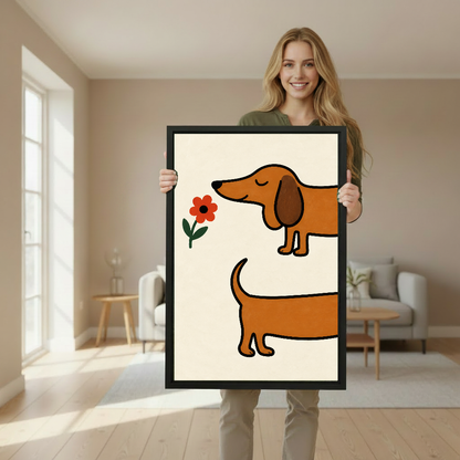 Woman holding framed playful dachshund flower canvas wall art in a softly lit living room.