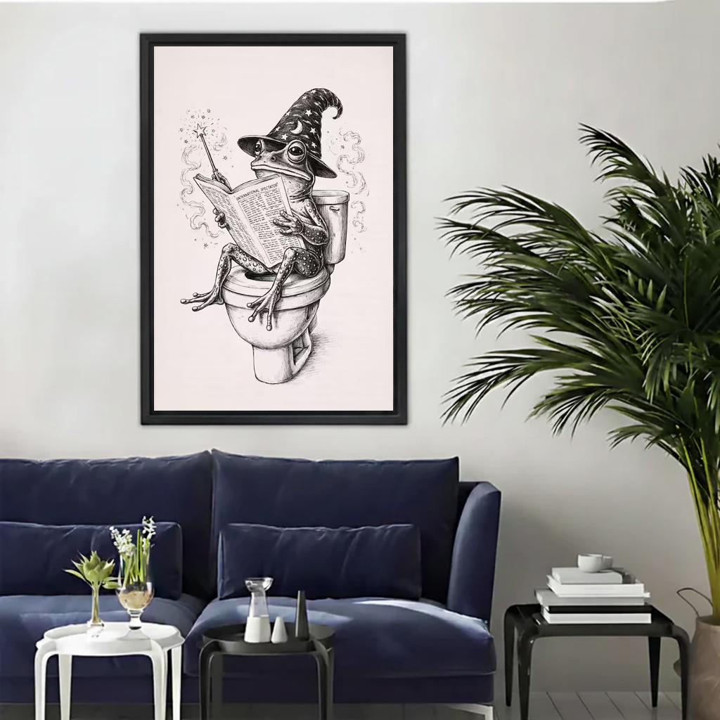 Vintage wizard frog canvas wall art above a navy sofa beside a tall indoor palm.