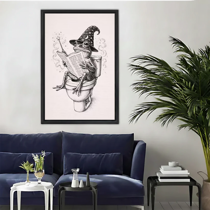 Vintage wizard frog canvas wall art above a navy sofa beside a tall indoor palm.