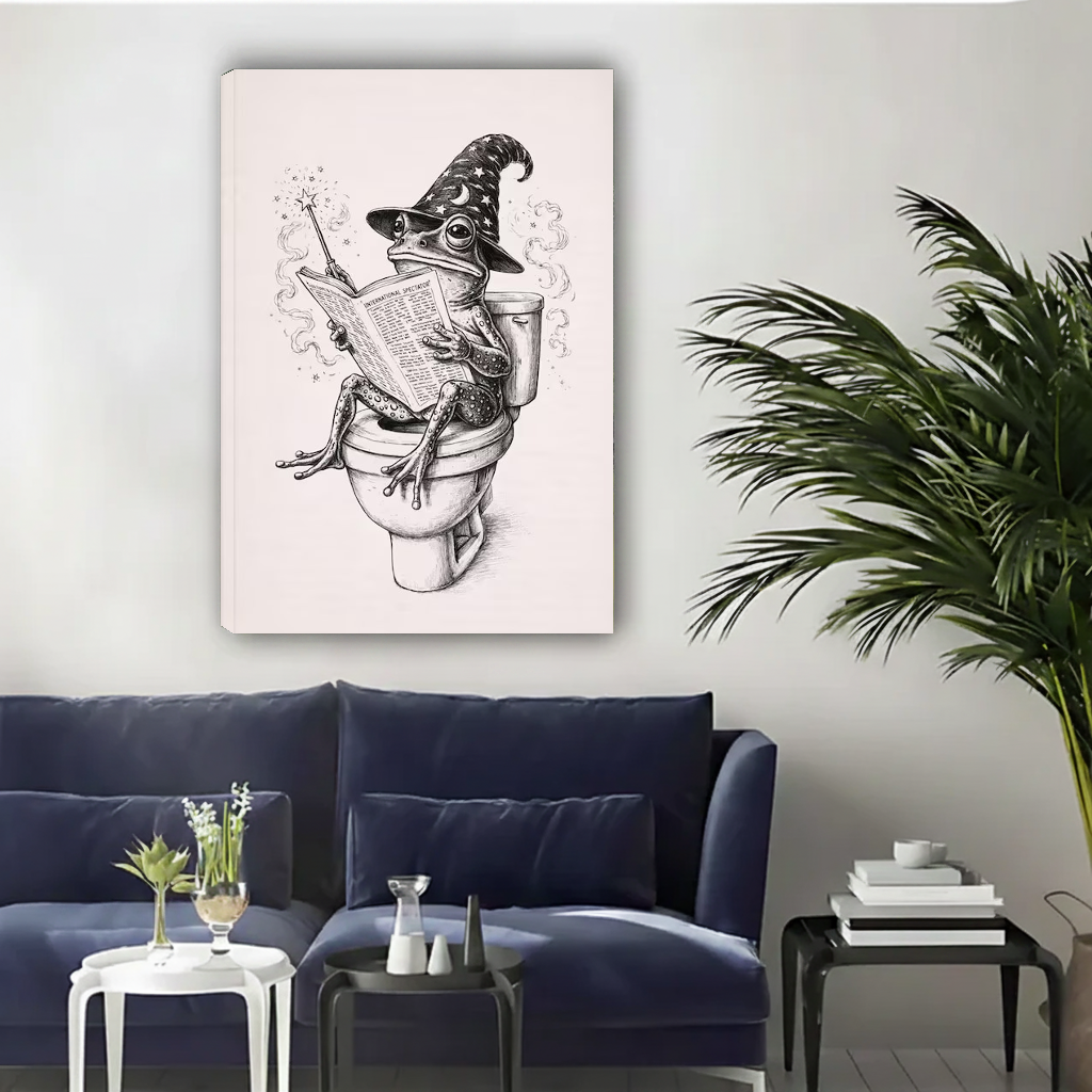 Unframed vintage wizard frog canvas wall art above a navy sofa in a bright living room.