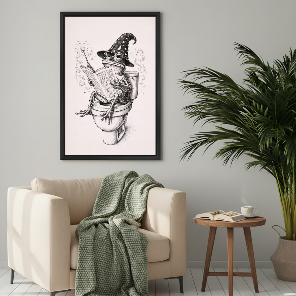 Vintage wizard frog canvas wall art above a cream armchair with a green knitted blanket.