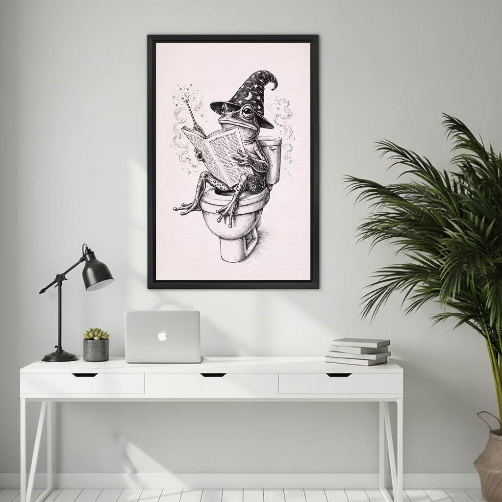 Vintage wizard frog canvas wall art above a white desk with a laptop and black lamp.