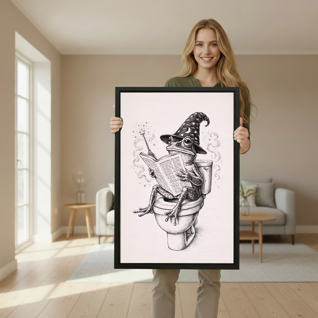Woman holding framed vintage wizard frog canvas wall art in a softly lit living room.