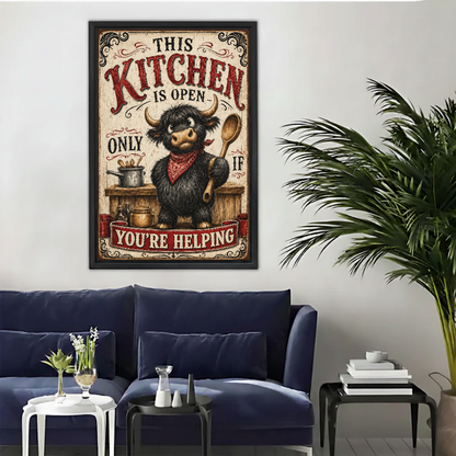 Rustic highland cow kitchen canvas wall art above a navy sofa beside a tall indoor palm.