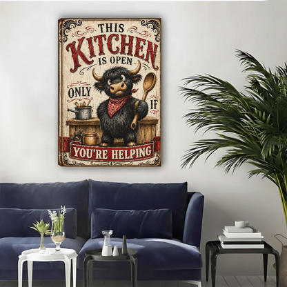 Unframed rustic highland cow kitchen canvas wall art above a navy sofa in a bright living room.