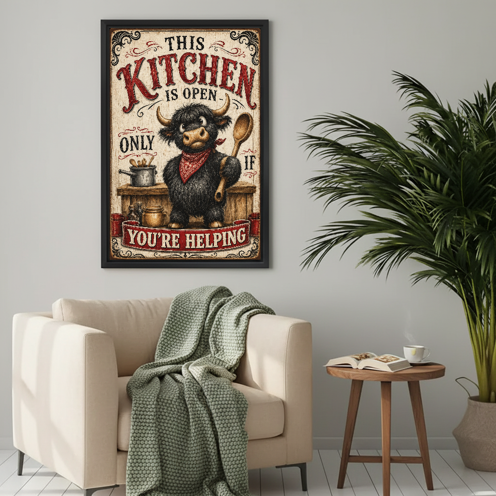 Rustic highland cow kitchen canvas wall art above a cream armchair with a green knitted blanket.