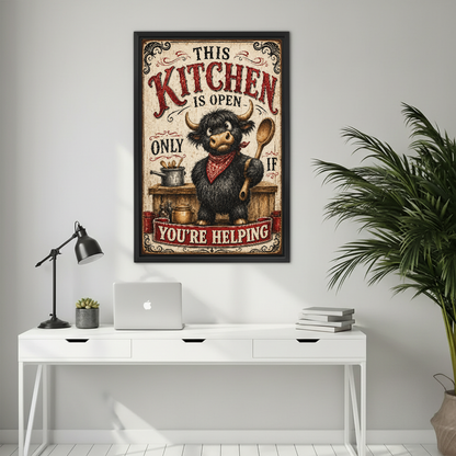 Rustic highland cow kitchen canvas wall art above a white desk with a laptop and black lamp.