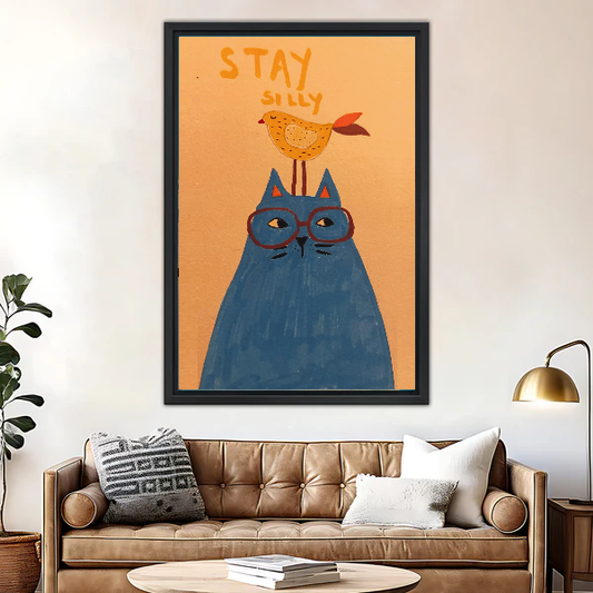 Whimsical Cat and Bird Canvas Wall Art L6008 — Framed canvas; warm leather sofa living room