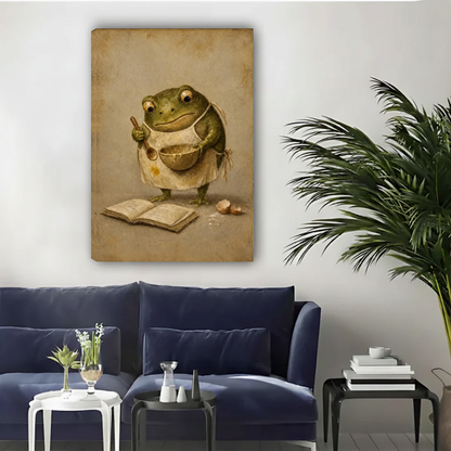 Unframed vintage baking frog canvas wall art above a navy sofa in a bright living room.