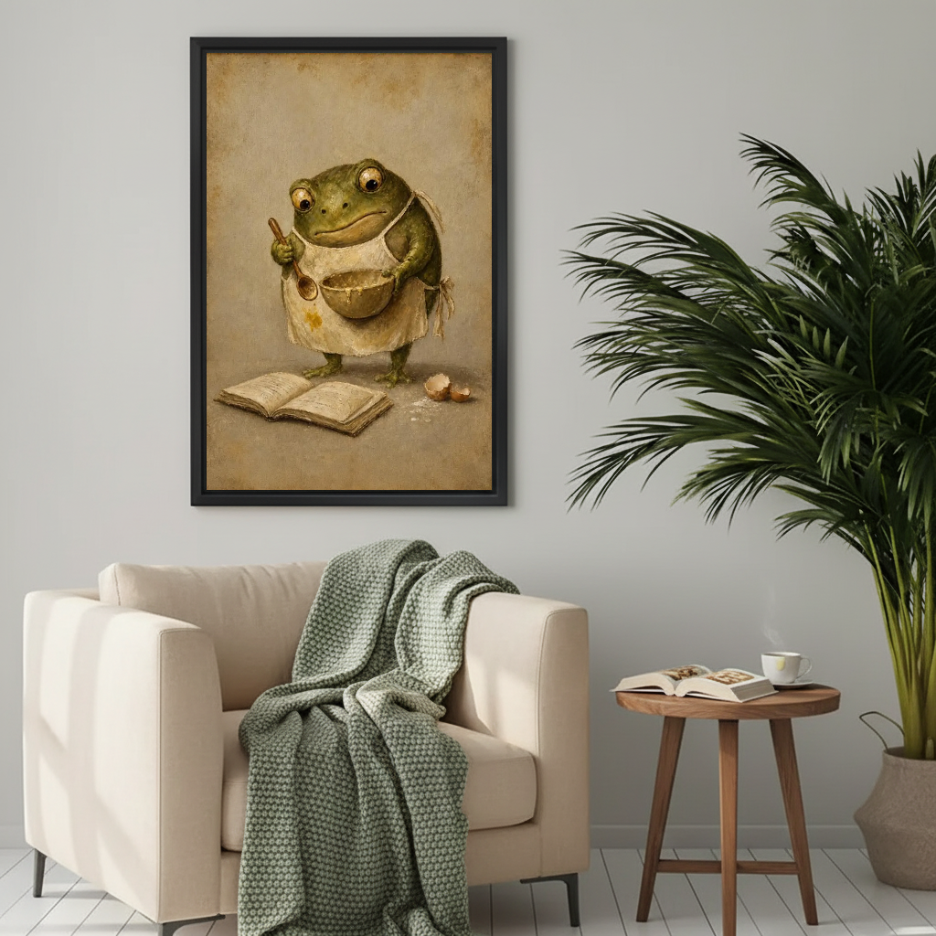 Vintage baking frog canvas wall art above a cream armchair with a green knitted blanket.