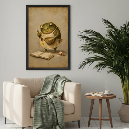 Vintage baking frog canvas wall art above a cream armchair with a green knitted blanket.