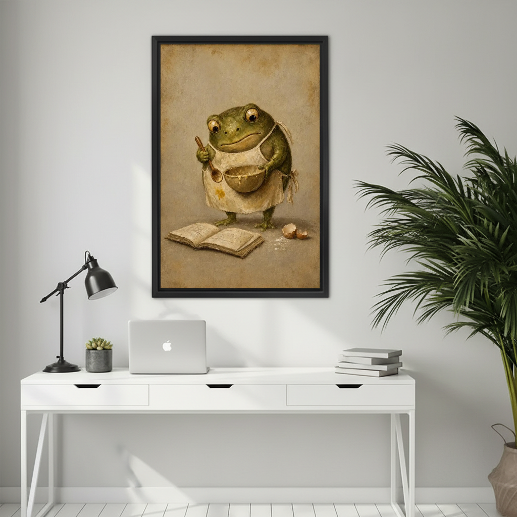 Vintage baking frog canvas wall art above a white desk with a laptop and black lamp.