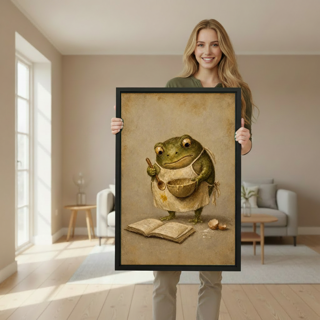 Woman holding framed vintage baking frog canvas wall art in a softly lit living room.