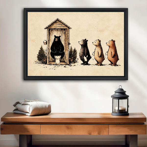 Funny woodland bear canvas wall art above a wooden console beside a lantern and folded blanket.