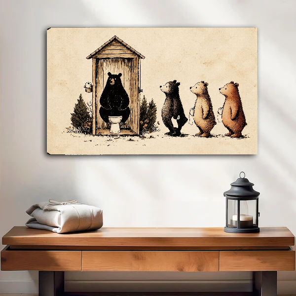 Unframed funny woodland bear canvas wall art above a wooden console in a bright room.
