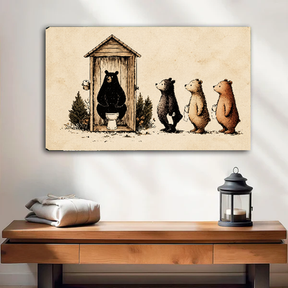 Unframed funny woodland bear canvas wall art above a wooden console in a bright room.