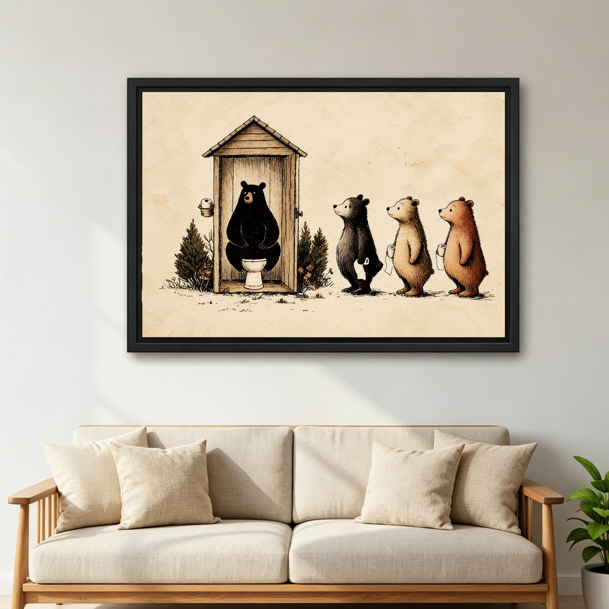 Funny woodland bear canvas wall art above a cream sofa with cushions in a neutral living room.