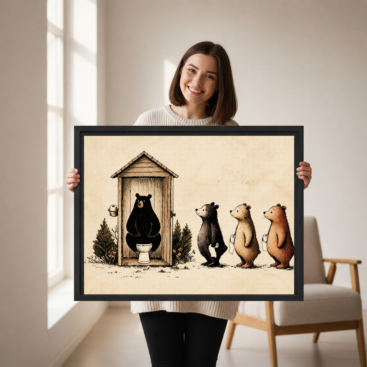 Woman holding framed funny woodland bear canvas wall art in a bright room with an armchair.