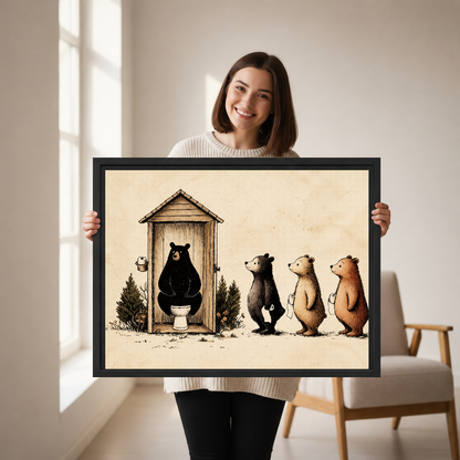 Woman holding framed funny woodland bear canvas wall art in a bright room with an armchair.