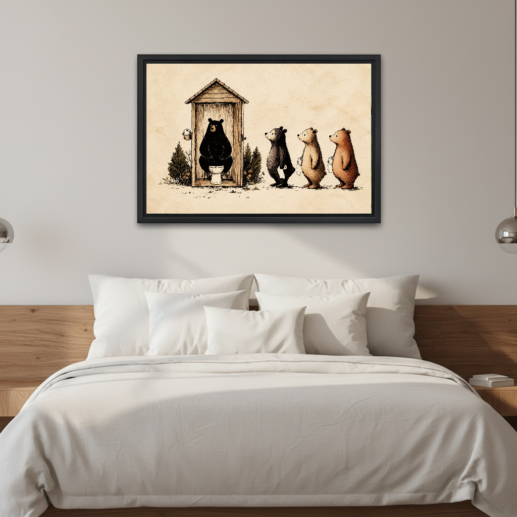 Funny woodland bear canvas wall art above a white bed with a wooden headboard and pillows.