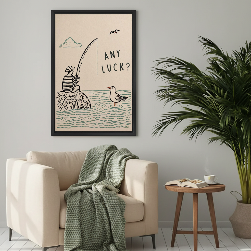Minimalist fishing humor canvas wall art above a cream armchair with a green knitted blanket.