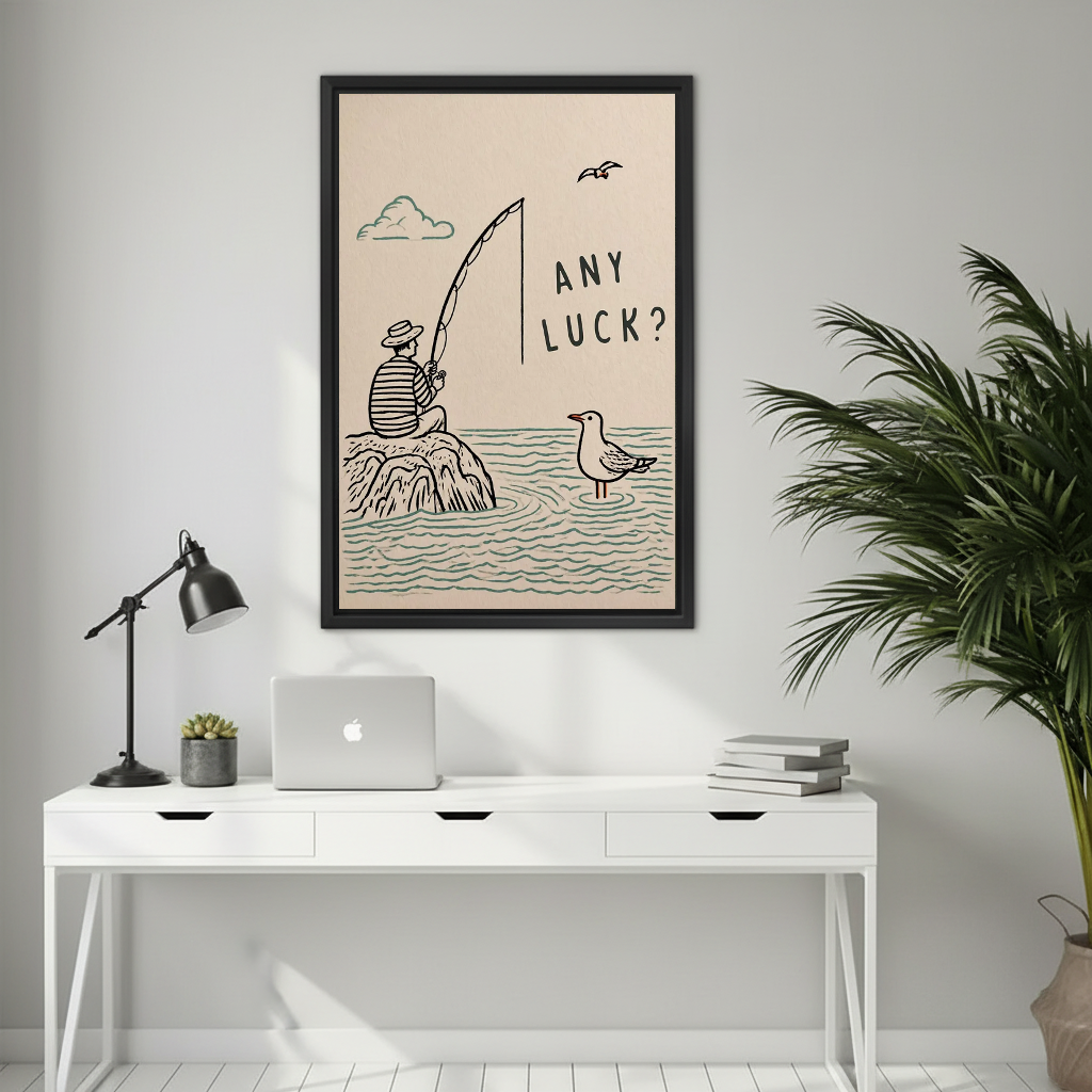 Minimalist fishing humor canvas wall art above a white desk with a laptop and black lamp.