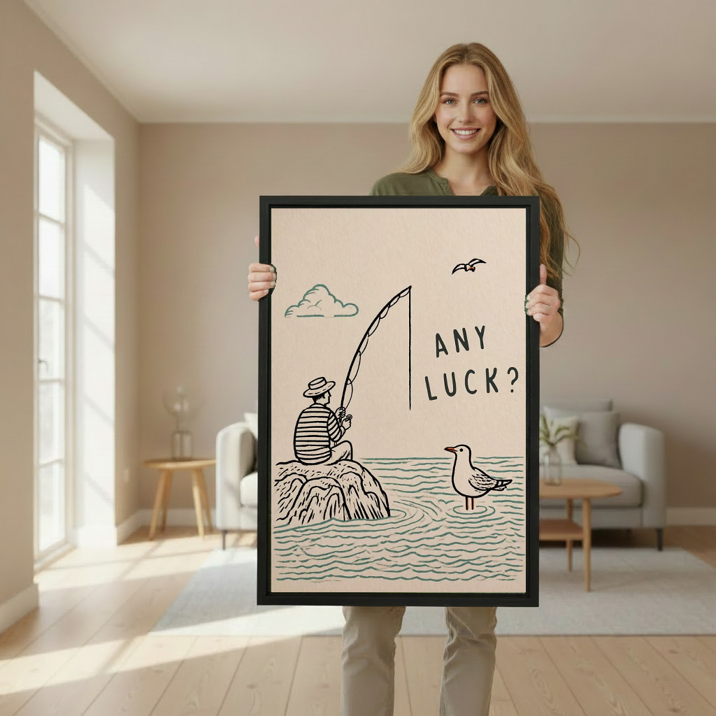 Woman holding framed minimalist fishing humor canvas wall art in a softly lit living room.