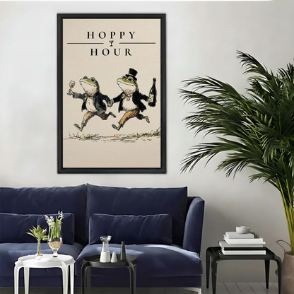 Vintage hoppy hour frog canvas wall art above a navy sofa beside a tall indoor palm.