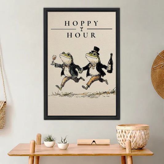 Vintage Hoppy Hour Frog Canvas Wall Art L6014 — Framed canvas; warm neutral living space